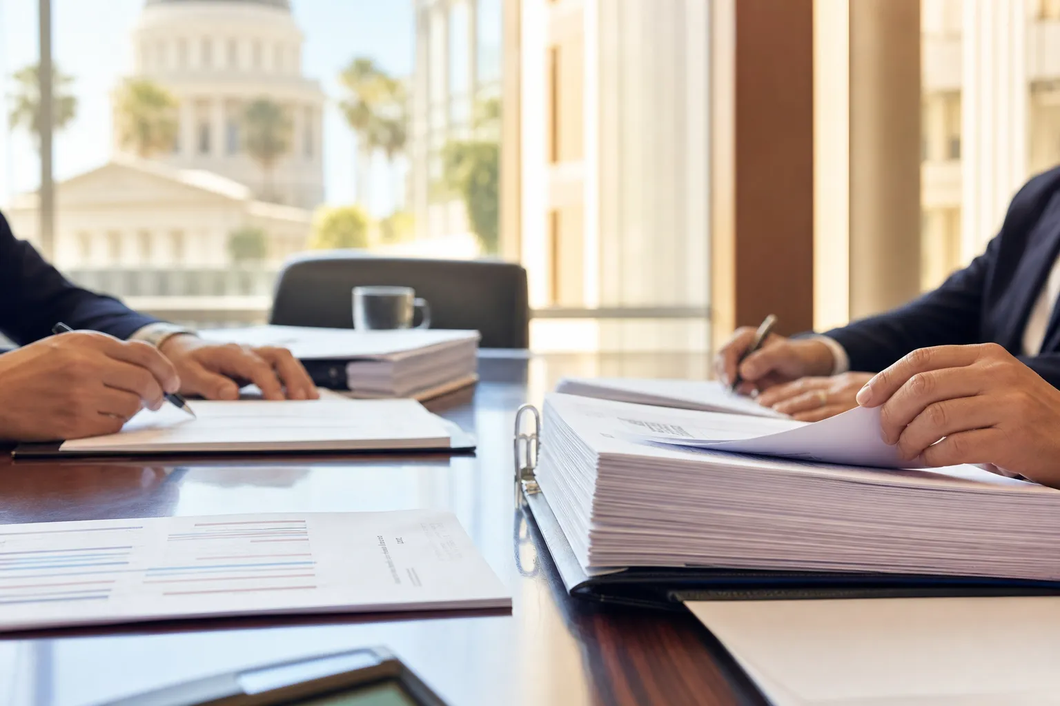 Public-sector retirement reporting team reviewing documents in a civic conference room