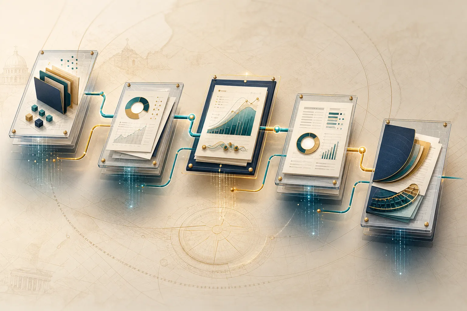 Abstract evidence chain connecting source files, actuarial packages, GASB schedules, audit binder, and board packet outputs