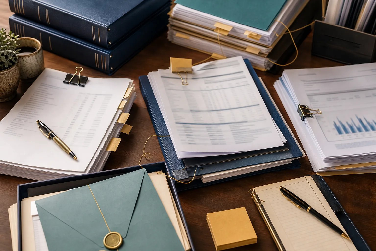 Abstract civic reporting workflow with folders, packets, and evidence materials